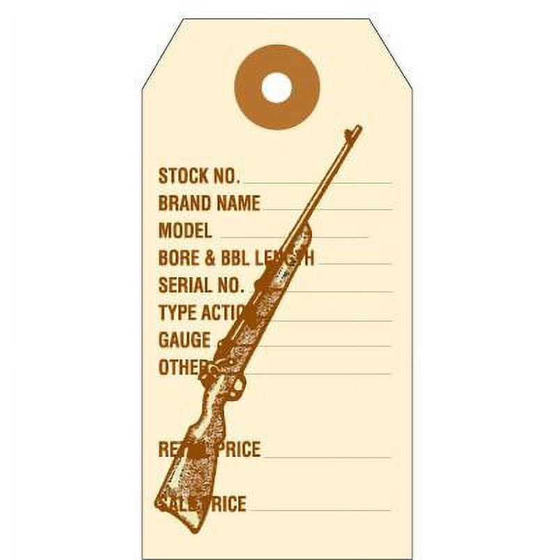 Gun and Rifle ID Tags. Preprinted in Brown Ink on Manila Stock, with Reinforced Eyelet. Each Tag is Pre-Strung. Tag Size: 3 3/4" x 1 7/8". FREE Shipping. TG95886SQ. 50 Tags