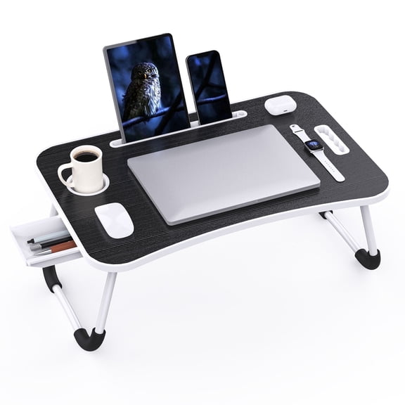 Laptop Table,23.5" Portable Wood Lap Desk Bed Tray Table with Cup Holder & Tablet Slot,Laptop Stand for Bed,Sofa,Floor,Lifting Handle for Working,Writing,Eating,Black