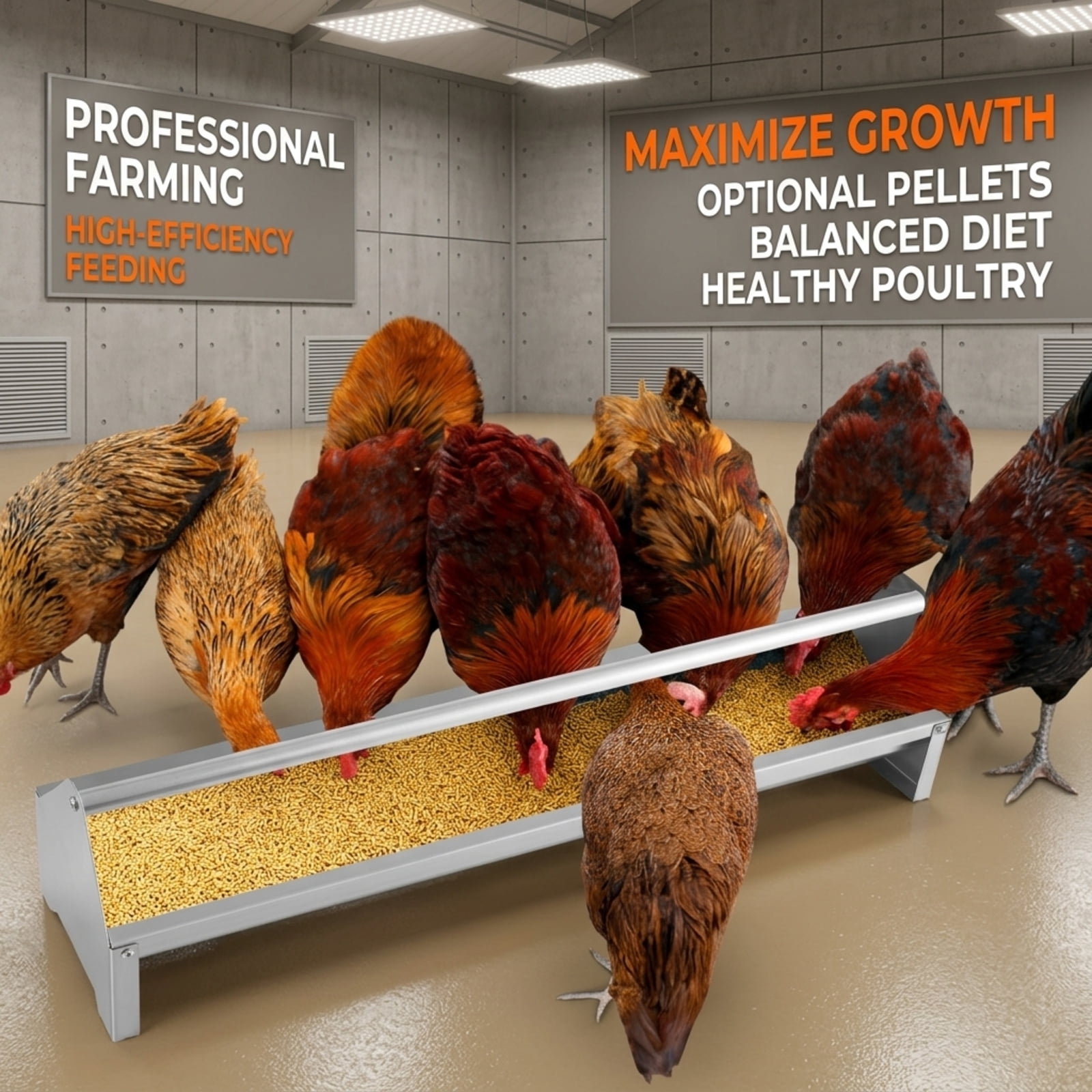Vebreda Metal Chicken Feeder, 4 Gallon Galvanized Steel Feeding Trough with Drainage Holes & Stoppers, Elevated No-Waste Poultry Feeder for 12 Chickens, Rustproof with Handle, Silver