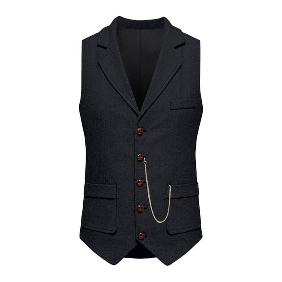 WULMLEO Men's Vintage Slim Fit Suit Vest Formal Prom Party Herringbone Pattern Waistcoat with Chain Detail,Pockets Black L
