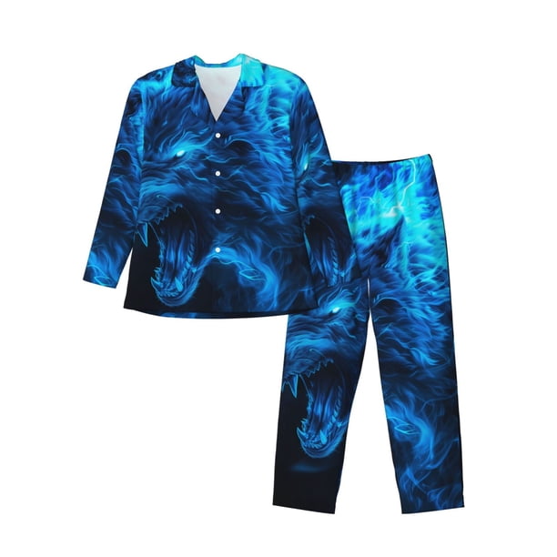 Balery Wolf Pijama para Hombre de Dos Piezas con Manga Larga, Conjunto de Dormir y Descanso Suave con Bolsillos-Large