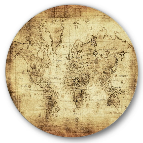 Designart 'Ancient World Map IV' Vintage Circle Metal Wall Art 36x36 - Disc of 36