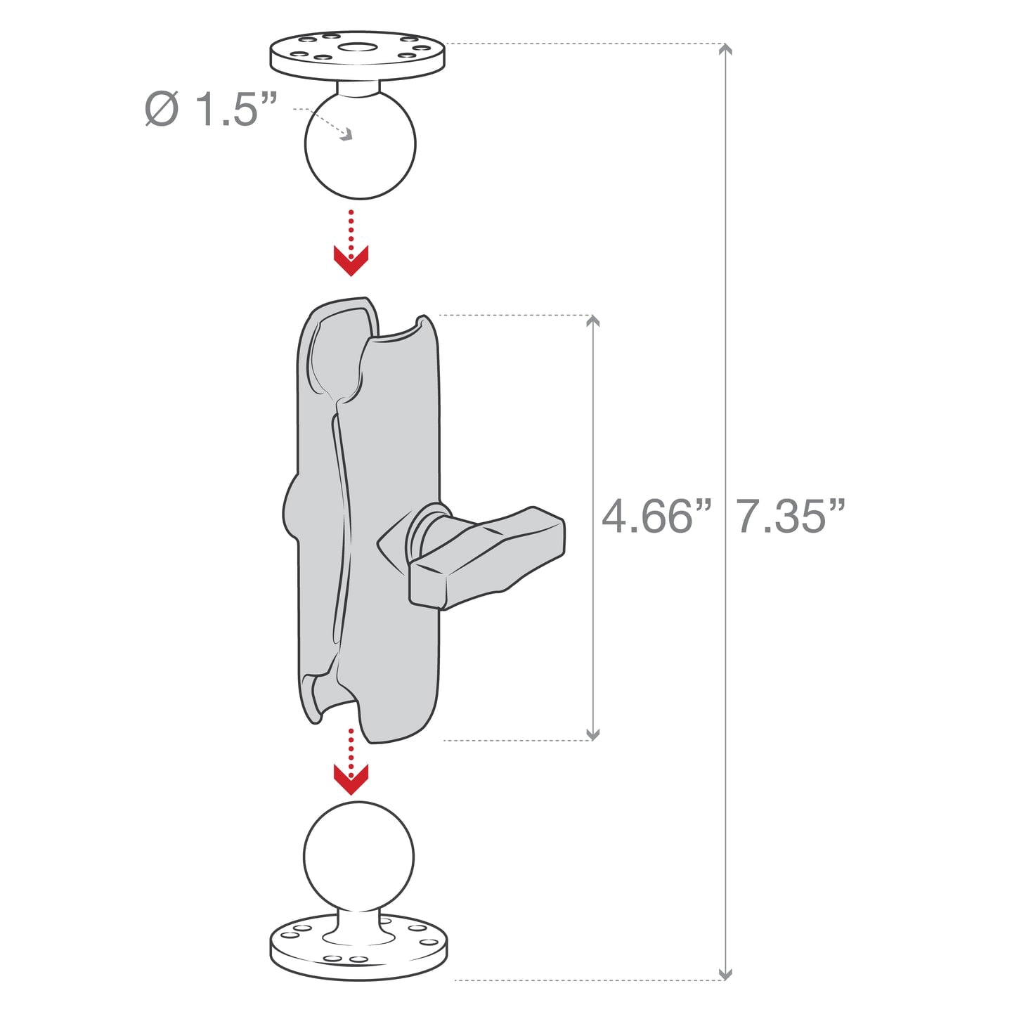 RAM MOUNT DOUBLE SOCKET ARM W/ 2/2.5" ROUND BASES 1.5" BALL