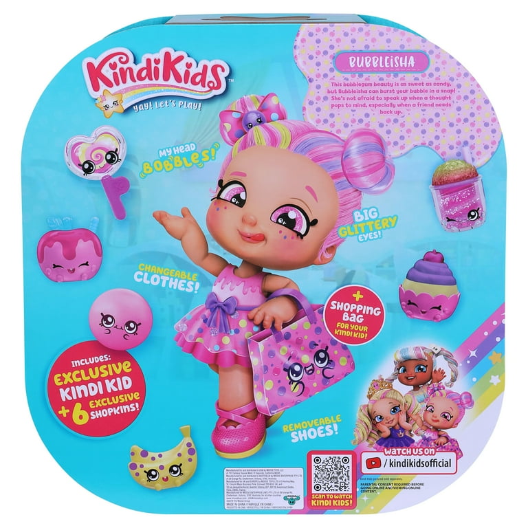 KINDI KIDS BUBBLEISHA TODDLER DOLL EXCLUSIVE 1 Shopping bag plus 6 Shopkins Accessories Girls Toys for kids Ages 3