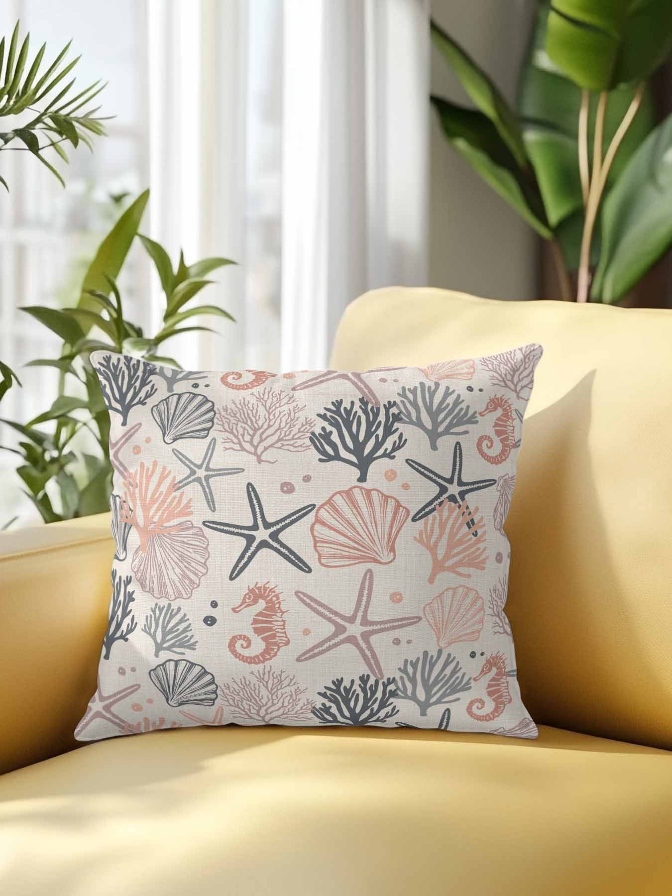 Waterproof Outdoor Throw Pillows with Inserts 16"x16",Coral Pink Grey Coastal Soft Decorative Pillowcases for Bedroom,Summer Beach Starfish Coral Nautical Rustic Pillow Covers for Sofa Living Room