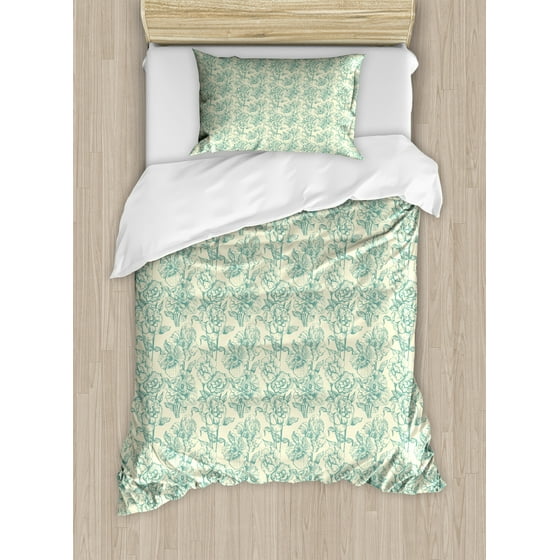 Green Duvet Cover Set Botanical Flower Bouquet Arrangement With Green Duvet Cover Set Botanical Flower Bouquet Arrangement With Vintage Look Soulful Spring Season Decorative Bedding Pillow Shams Cream Pale