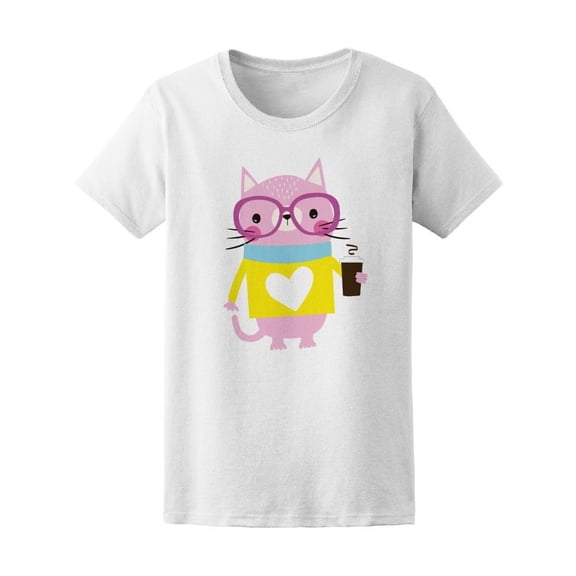 Cute Animal Cat With Coffee Tee Women's -Image by Shutterstock