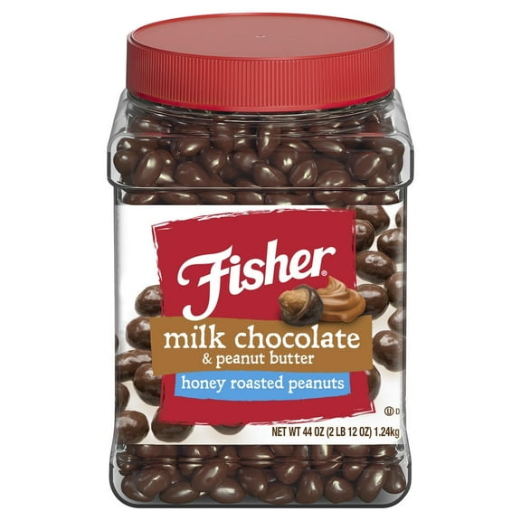 Fisher Milk Chocolate Honey Roasted Peanuts | High-Protein, Milk Chocolate & Peanut Butter Honey Roasted Peanuts for Candy Treats | Resealable Bulk Snack Jar - 44 oz