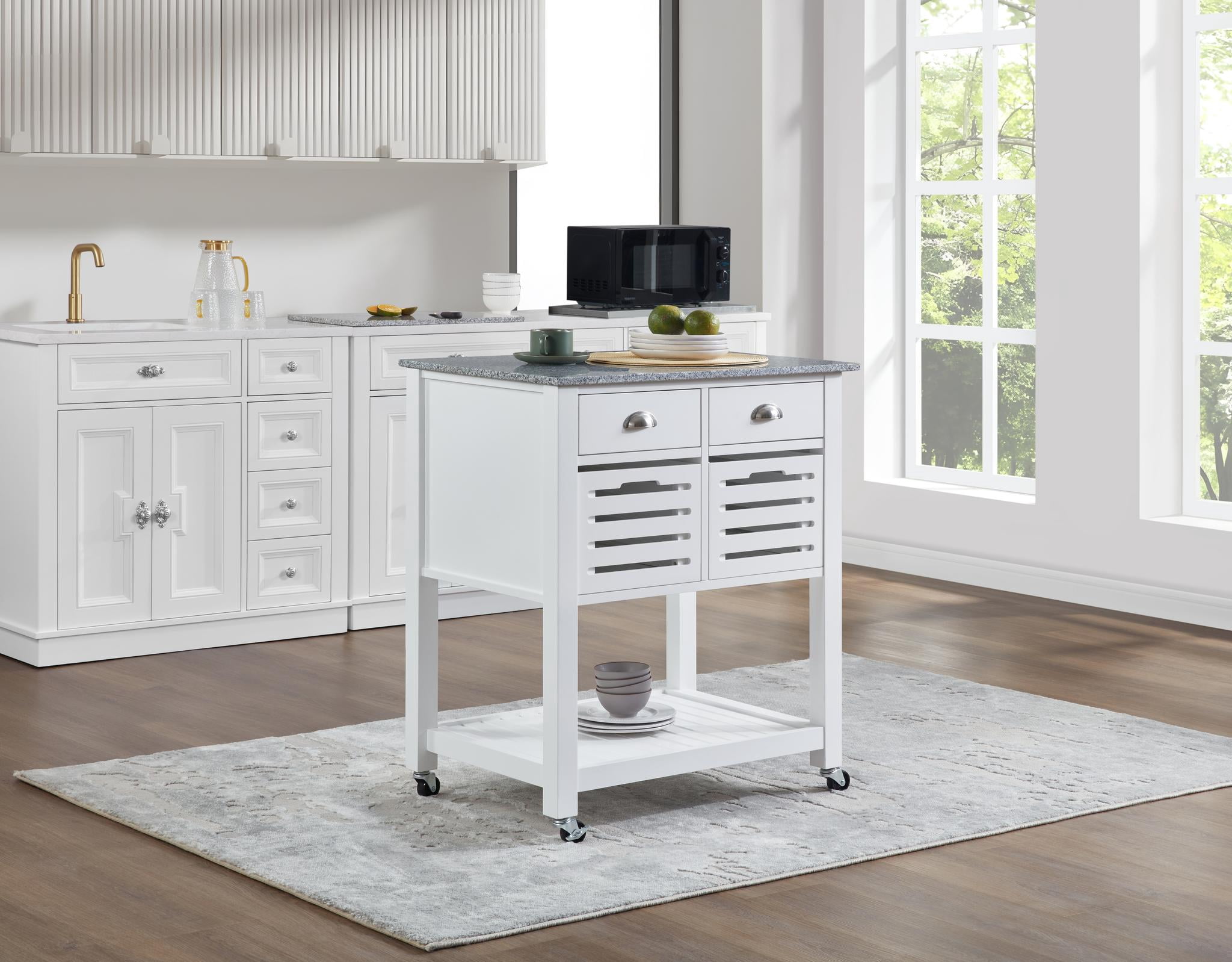 Rolling Kitchen Island Serving Cart with Underneath Drawer & Slide-Out Wire Storage Basket