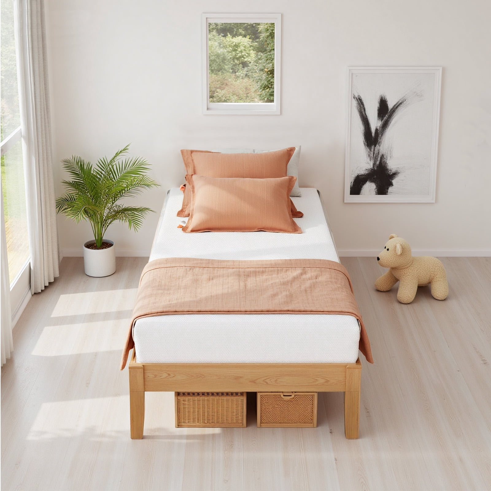 Sybels 12" Twin Size Wood Bed Frame, Natural Pine Platform with Slat Support, No Box Spring Required