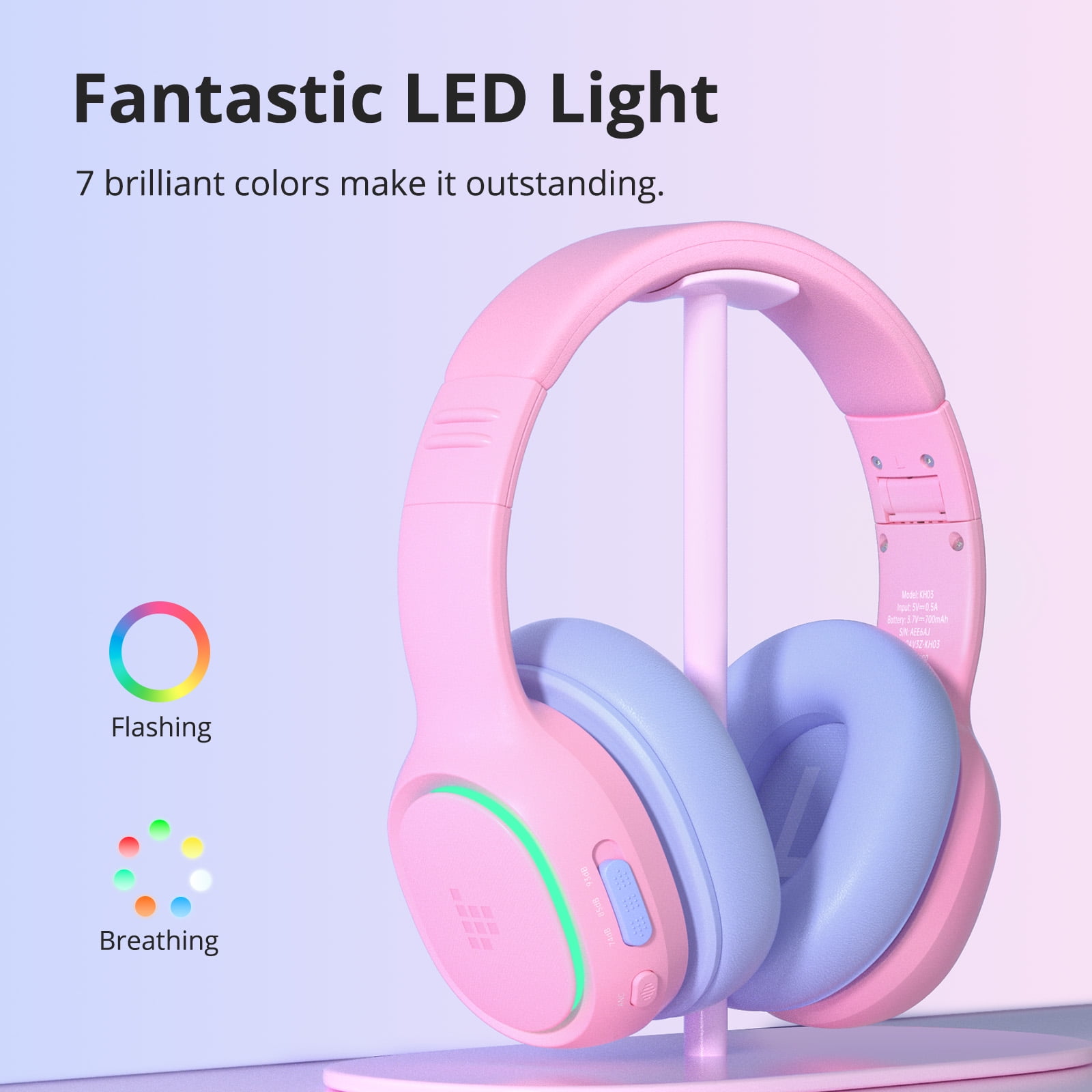 TRONSMART KH03 Children's Bluetooth Headphones, Safe Volume Control, Noise Reduction, Wireless Headphones with Light and Microphone, 70 Hours Playtime, Suitable for School/Travel/Airplane