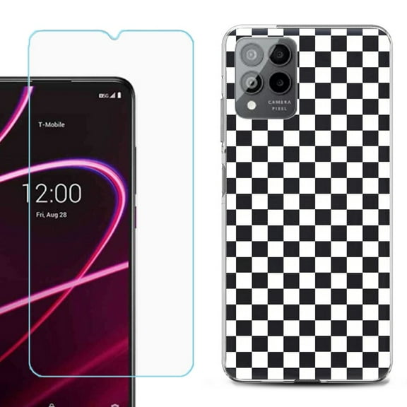 OneToughShield ® for T-Mobile Revvl 6x Pro 5G Shockproof Fashion Phone Case, with Tempered Glass Screen Protector - Checker B/W