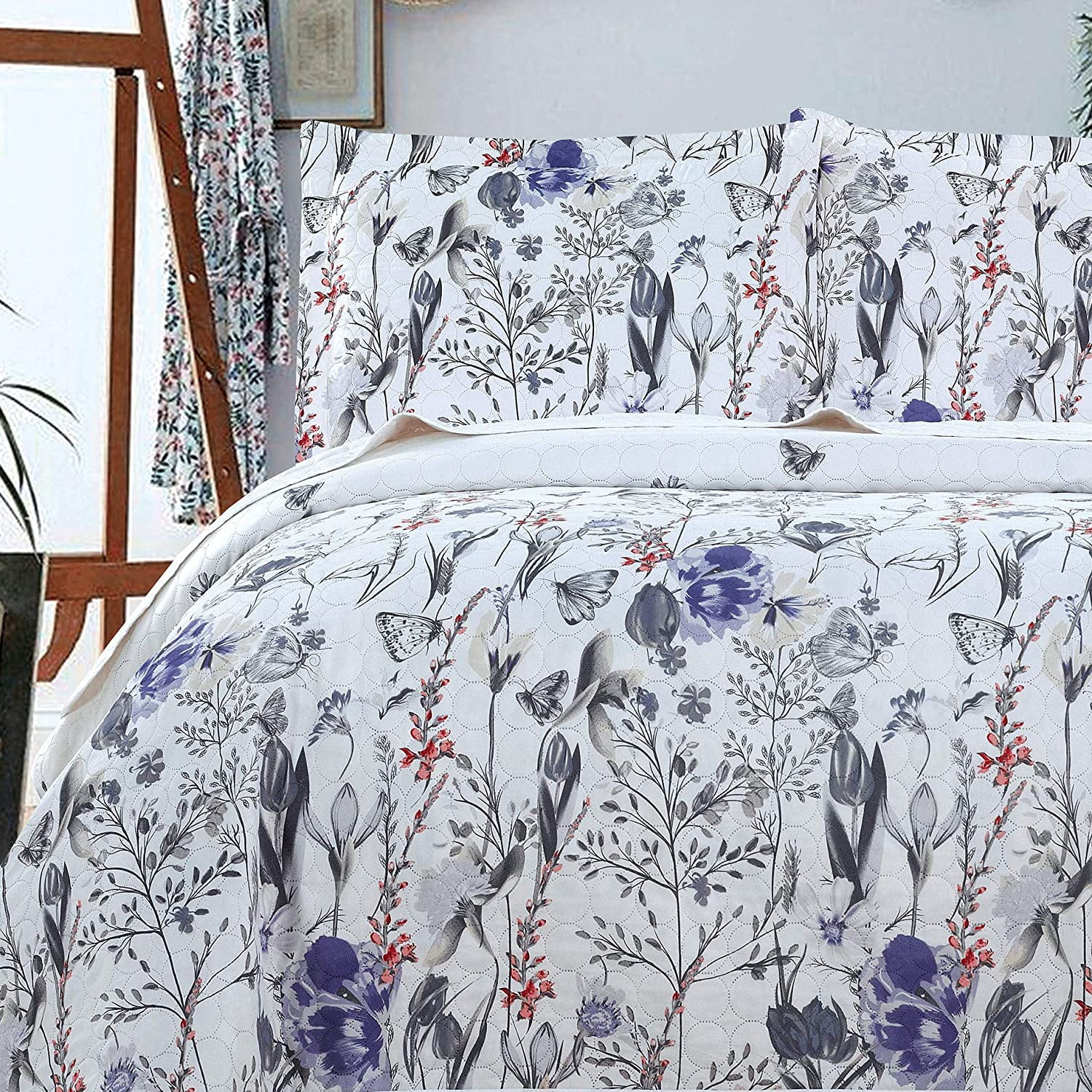 Jessy Home Twin Floral Quilt Lightweight Purple Butterfly Bedding Tulip Bedspread Coverlet