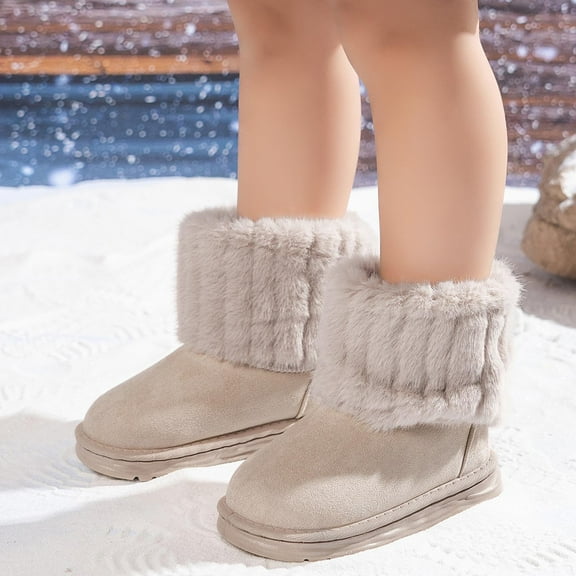 Eltusu Girls Snow Booties, No Slip Comfy Warm Windproof Winter Boots Shoes Beige Size 11.5(Little Kids)