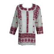 Mogul Indian Cotton Tunic Dress White Ethnic Floral Hand Embroidered Bohemian Kurti Top
