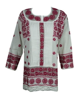 Mogul Indian Cotton Tunic Dress White Ethnic Floral Hand Embroidered Bohemian Kurti Top