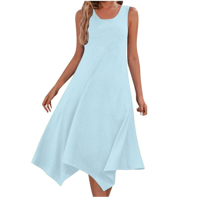Swstbby Soldes d'Été! Robe d'Été pour Femmes, Robes Sans Manches à Col Rond avec Cordon de Serrage, Robe Décontractée à Volants en Ligne A Mini Robe Bleu Clair TTG
