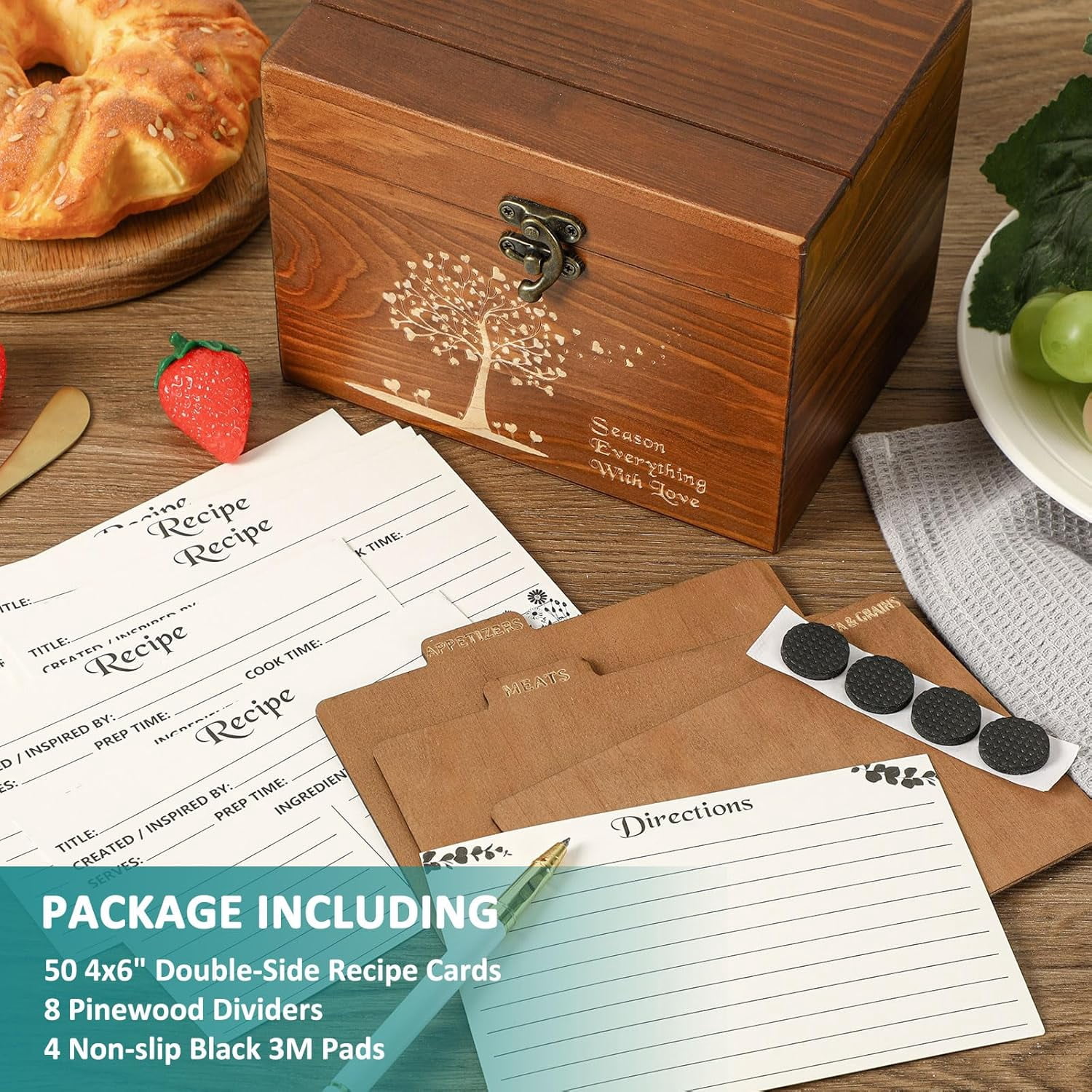 MHSIOAP-Vintage Recipe Box, Wooden Recipe Cards and Box Set, Recipe Organizer w/ 50 Blank Cards and 8 Wood Dividers, Perfect Housewarming, Bridal Shower Gift, Vintage Brown