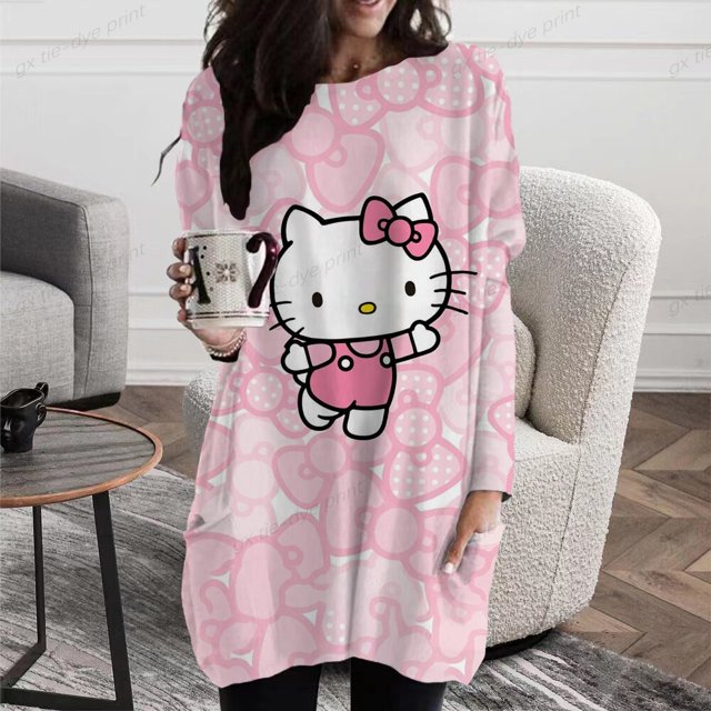 Camisetas de manga larga con estampado de Hello Kitty para mujer, Tops informales de gran tamaño, camiseta de dibujos animados, ropa de primavera y otoño