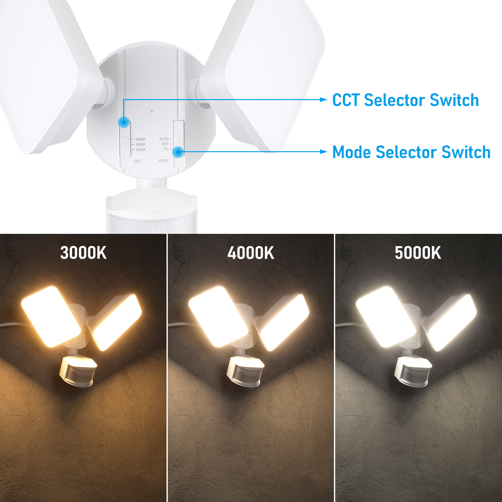 4 Pack 25W 3CCT Dual Head Plug-in LED Security Light, Motion Sensor & Dusk to Dawn Floodlight, 3 Lighting Modes, 3000K/4000K/5000K Selectable, ETL&FCC Listed, White