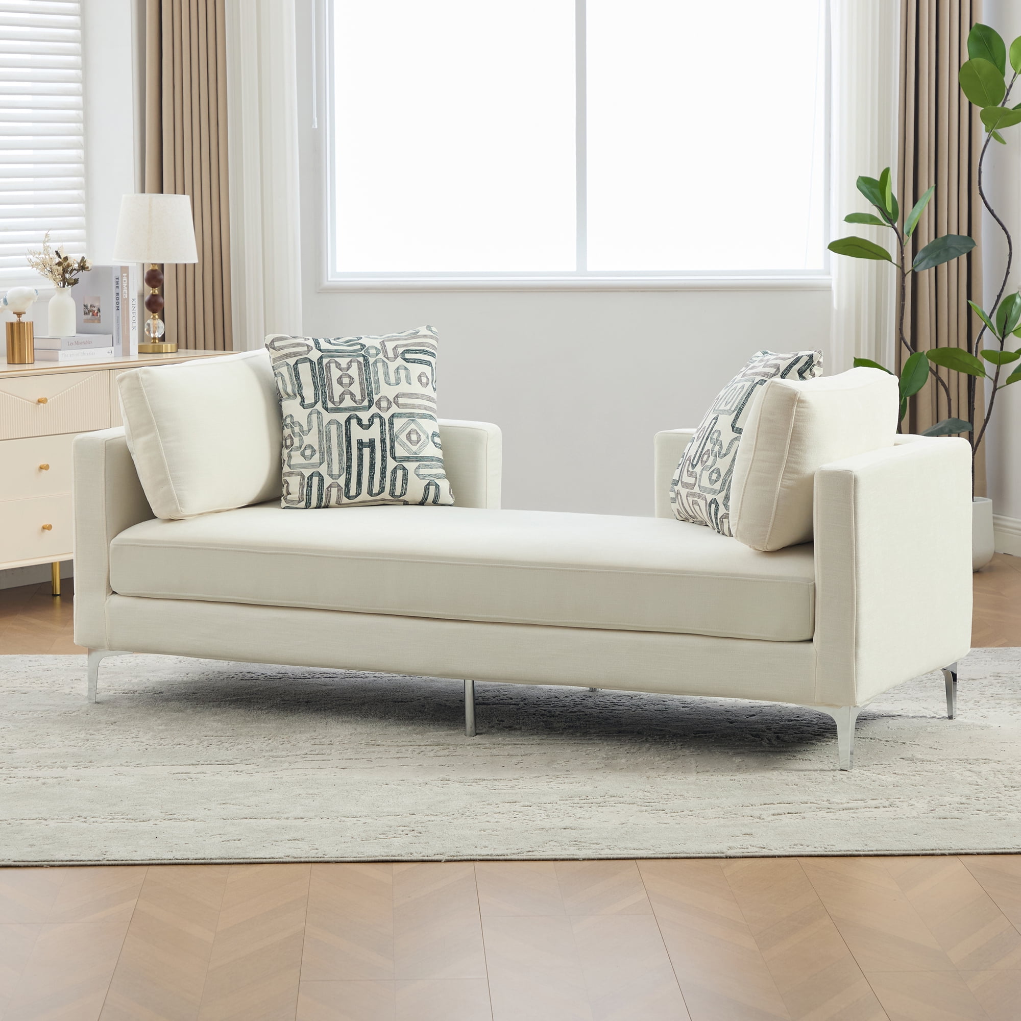 77.5-Inch Chenille Chaise Lounge with 4 Accent Pillows and Track Arms, Oversized Settee Daybed for Living Room and Bedroom, Ivory