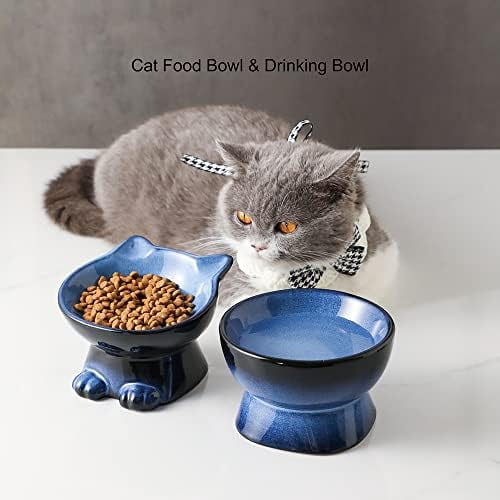 Elevated Cat/Dog Bowls Set : 5 Inch Ceramic Raised Cat Food and Water Bowl Set for Protecting Pet's Spine - Feeding & Watering Supplies for Pets- Elegant Blue & Black (2PC)