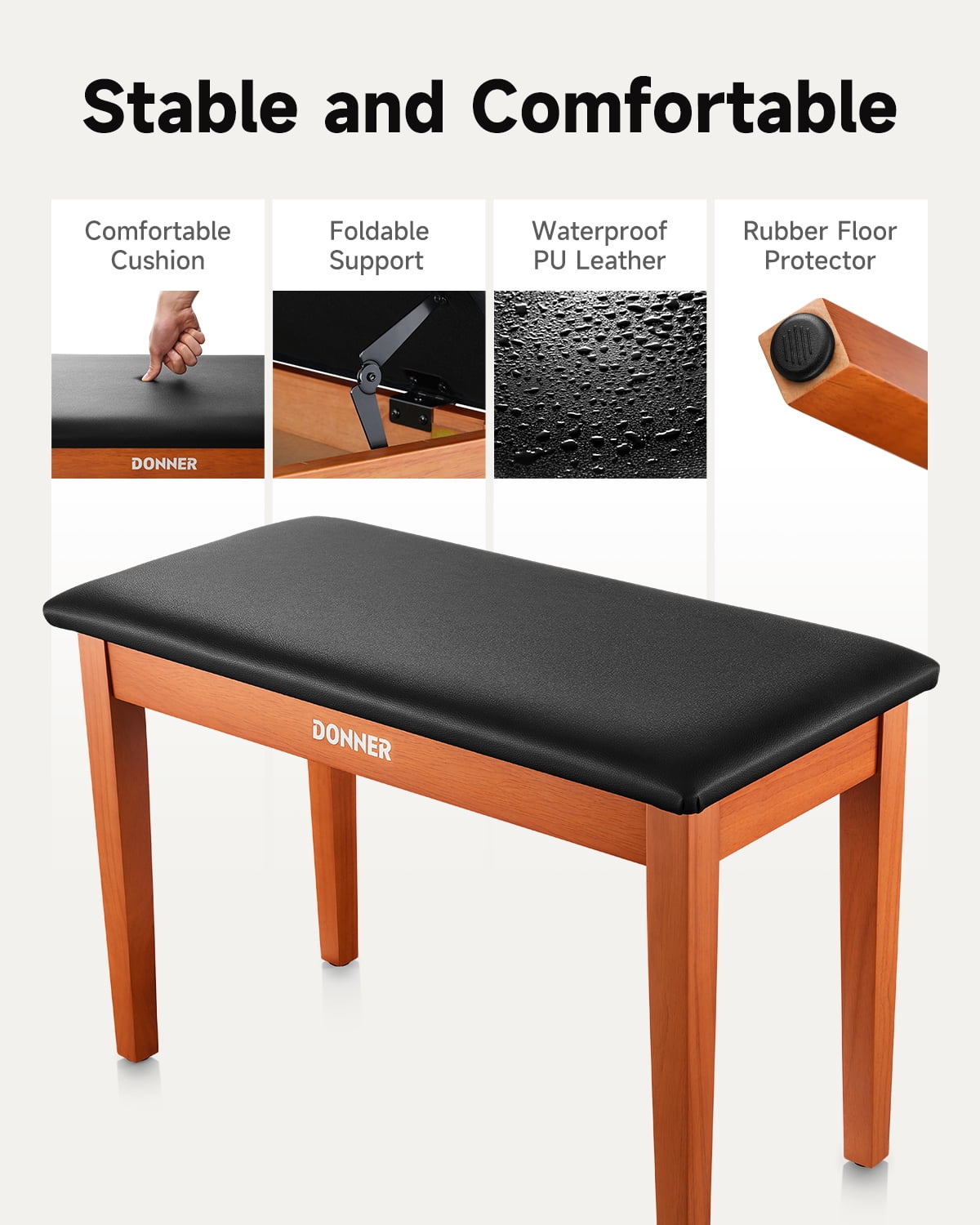Donner Duet Piano Bench with Storage, Solid Wooden Keyboard Bench Piano Bookcase Stool Chair Seat with High-Density Sponges Padded Cushion, Wood Finish Color