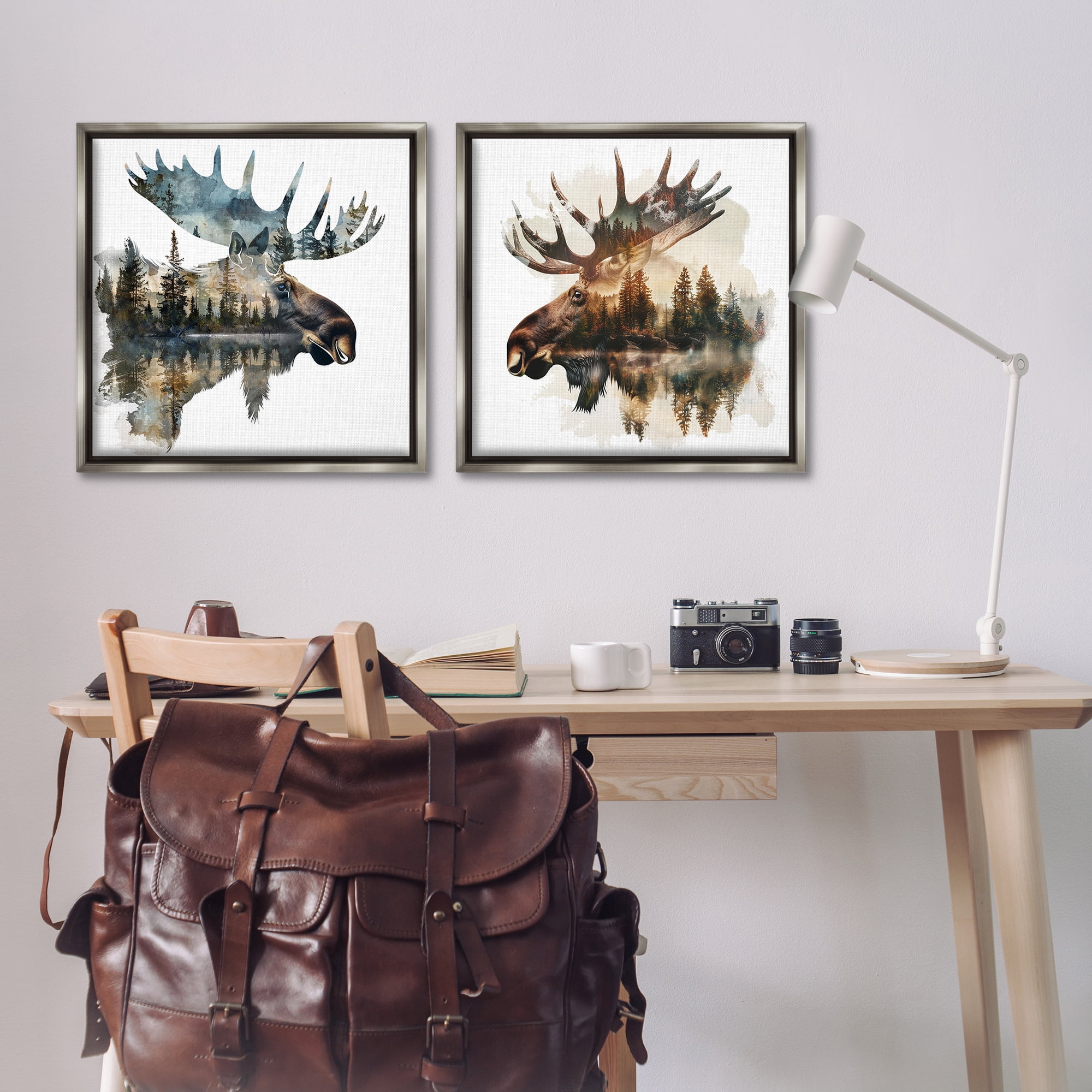 Stupell Industries Woodland Moose Forest Silhouettes Animals Painting Gray Floater Framed Canvas Art Print Wall Art, 25 x 25, Set of 2