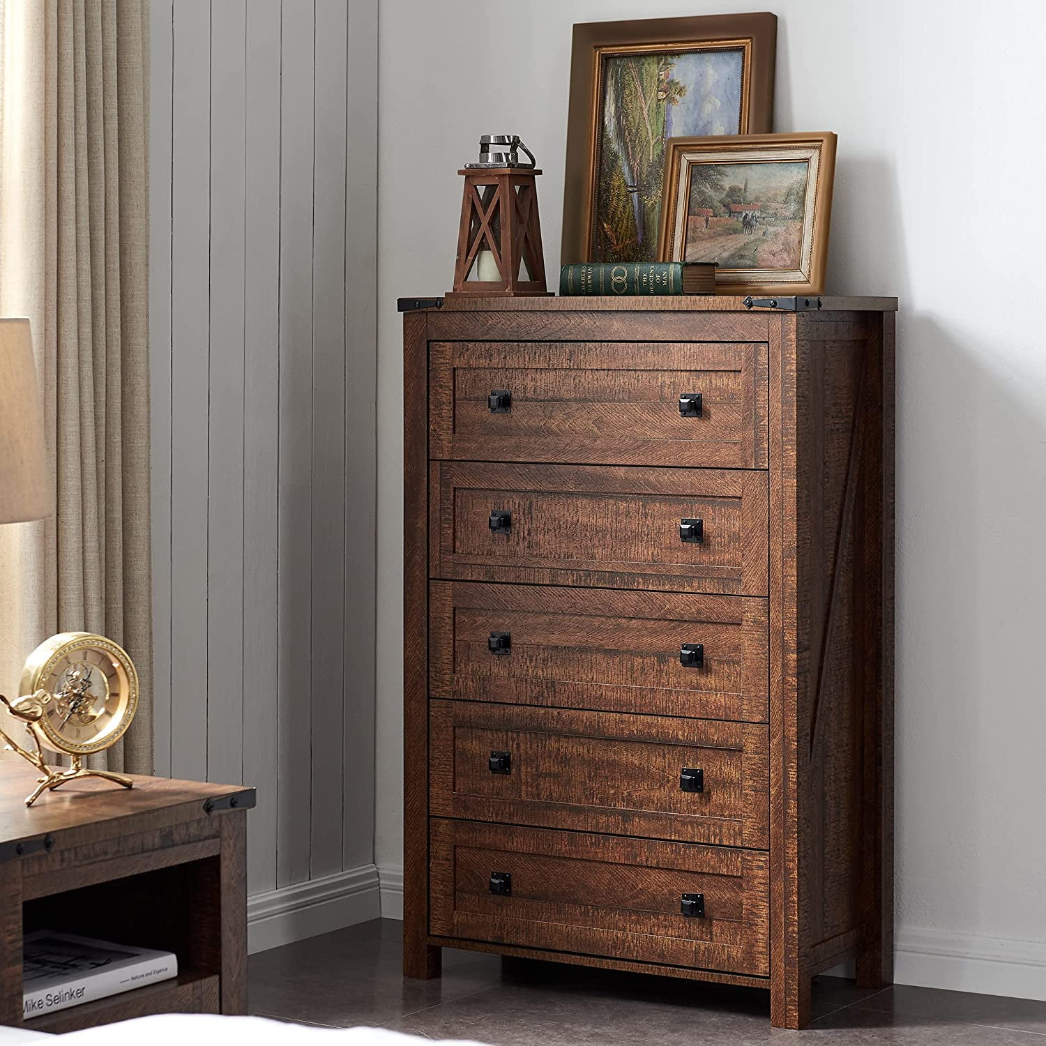 OKD 5 Drawers Dresser Chests for Bedroom Farmhouse, Wood Rustic Tall Chest of Drawers, Brown