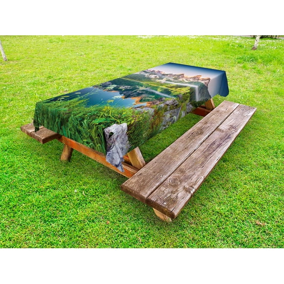 Nature Outdoor Tablecloth, Misty Summer Morning on Austrian Alps Mountain Range with Lake Wanderlust Landscape, Decorative Washable Fabric Picnic Table Cloth, 58 X 84 Inches,Green Blue, by Ambesonne