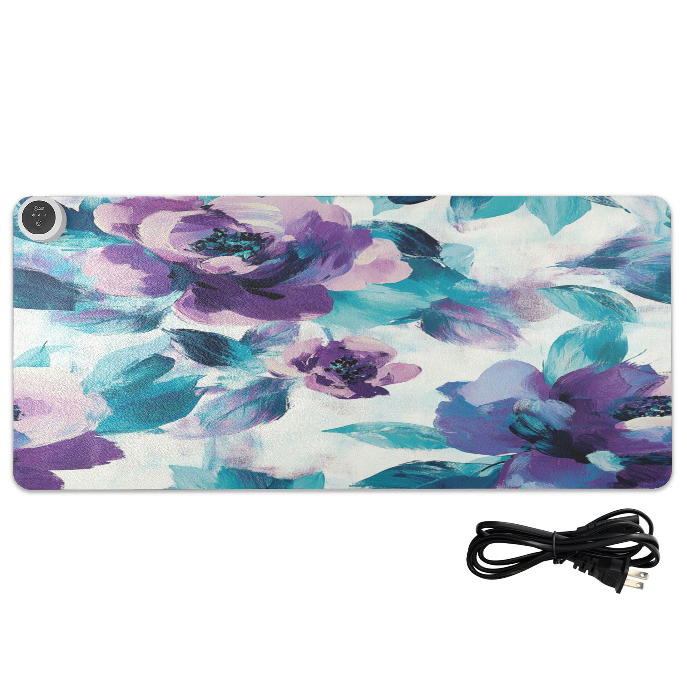Wobogo Purple Green Flora Heated Mouse Pad Extra-Large Desk Mat With 3 Heating Levels and 3-hour Auto Shut-Off Protection Ideal for Computer Keyboards Home Office Hand-warming Essential 31.5in × 13in
