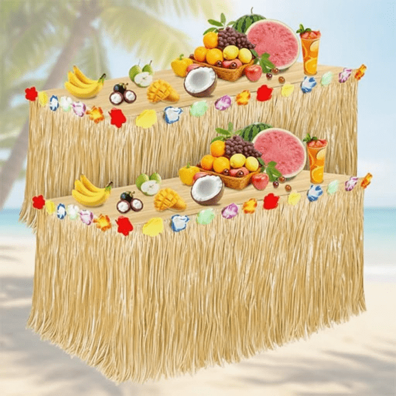 Tropical Hawaiian Luau Party Decorations, 72.8" x 29.5" Grass Table Skirt for Summer Beach Theme Party Supplies and Aloha Party Favors