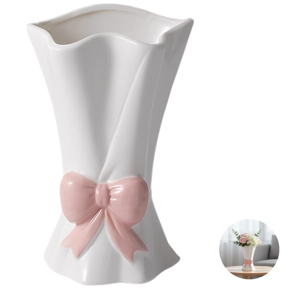 Pink Bow Vase, Aesthetic Ceramic Flower Vase with Shiny Glaze for Modern Home Decor, Elegant Bouquet Shape Decorative Bud Vases for Living Room Desktop, Floral Arrangements, Festive Present Ideas