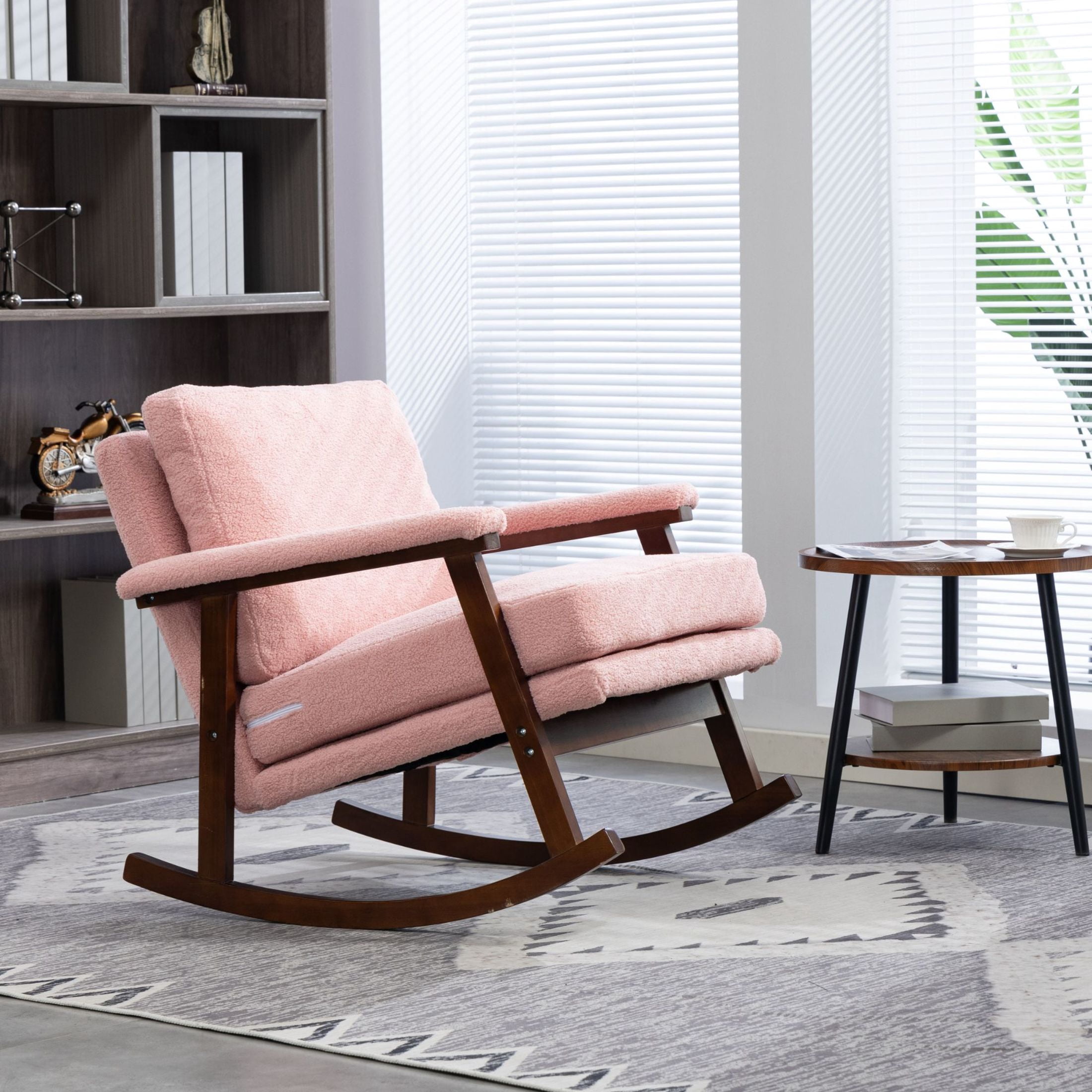 GDF Studio Enisa Mid-Century Modern Solid Wood Rocking Accent Chair, Reading Armchair for Bedroom, Living Room, Light Pink