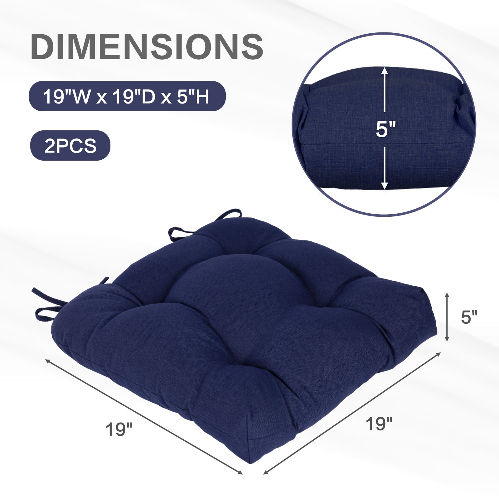 Aoodor 19x19x5 Inch Tufted Outdoor Chair Cushions, Water and Fade Resistant Polyester Dining Chair Pads with Ties for Patio Furniture, Set of 2, Dark Blue