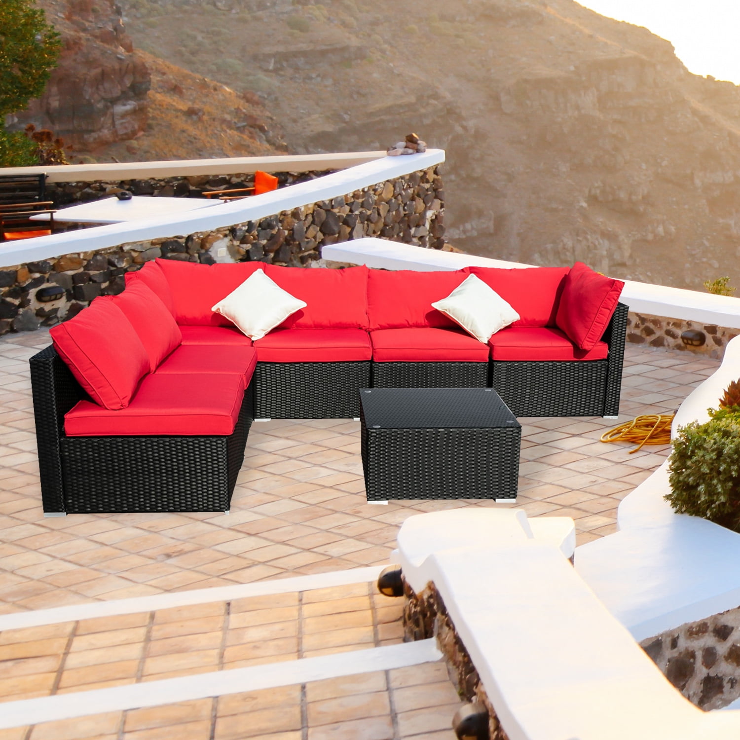 Ainfox Outdoor Patio Furniture 7-Pieces PE Rattan Wicker Sectional Sofa