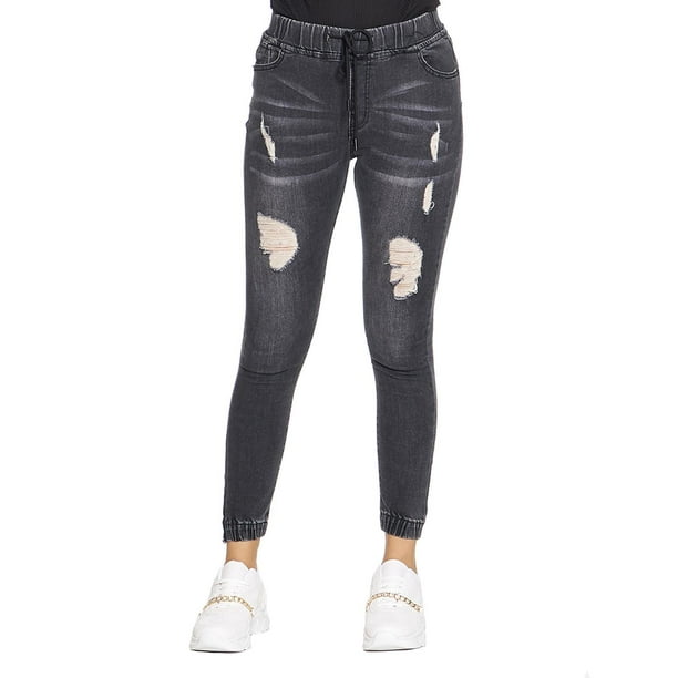 Jeans Para Mujer Corte Skinny Rasgado Con Jareta Ajustado Casual 110113 negro 9 INCÃGNITA 110113