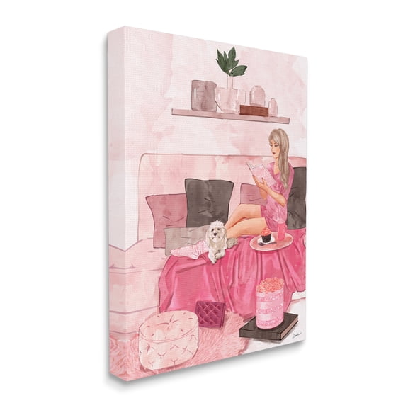 Stupell Industries Fashionista Reading with Dog Pink Room Interior Canvas Wall Art, 30 x 40, Design by Ziwei Li