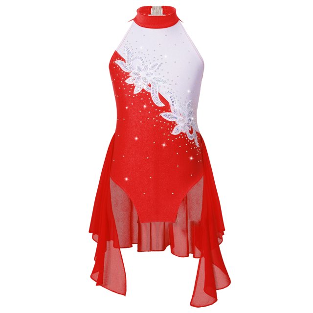 TiaoBug Robe de Danse Lyrique de Patinage Artistique pour Filles Enfants, Col Licou, Maille à Empiècements, Justaucorps de Ballet, Robe de Ballerine, Tenue de Danse, Rouge 10