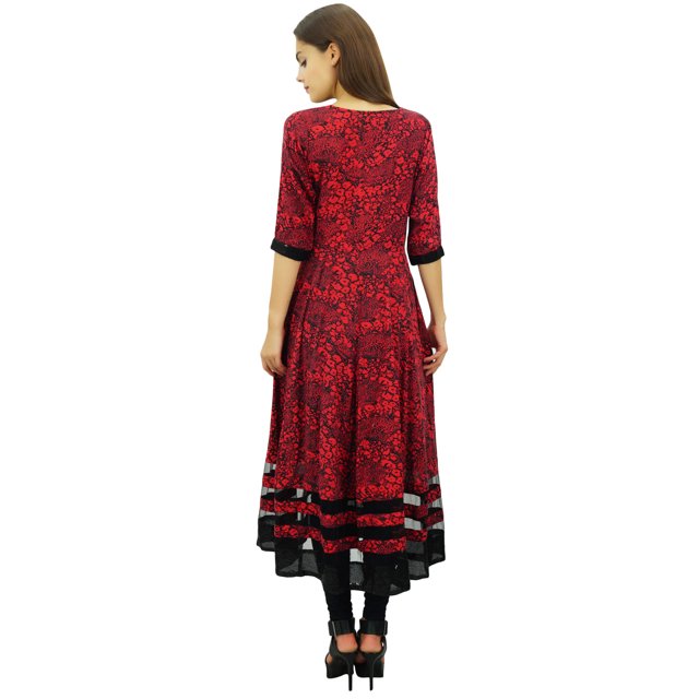 Phagun Robe Kurta Style Angrakha Rouge Ligne A pour Femmes Tunique Évasée-10