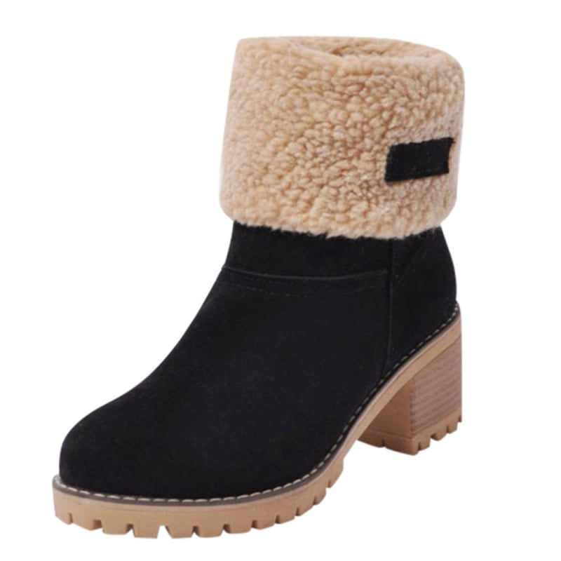 Womens Warm Short Boots Suede Chunky Mid Heel Round Toe Pull On Winter Snow Ankle Booties 