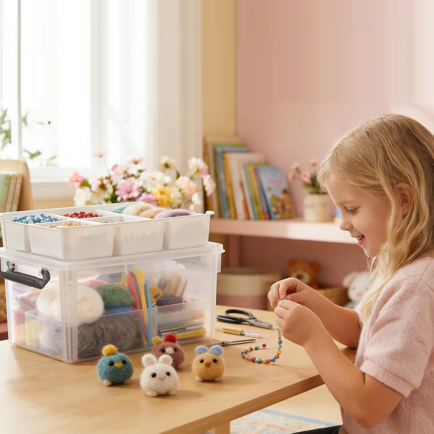 17 QT Clear Stackable Craft Storage with 1 Removable Fixed-Compartment Tray, Craft Organizers and Storage for Painting, Coloring Book & Playdoh Supplies, 2 Packs