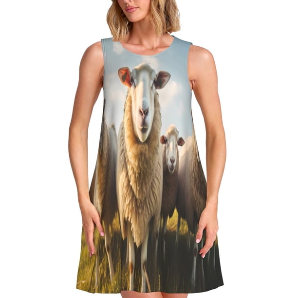 Disketp Cute Prairie Sheep Herd para Vestido sin Mangas para Mujeres, Vestidos de Verano para Mujeres, Casual y Holgado para la Playa