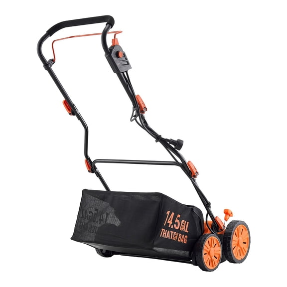 15 Amp Electric Lawn Dethatcher and Scarifier, 16-Inch Working Width with Large Capacity Collection Bag, 5-Level Depth Control, Walk-Behind Yard and Grass Maintenance Tool