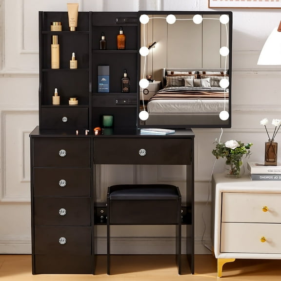 Caulitar Bedroom Vanity Desk with 10 Led Lights and Mirror, Makeup Dressing Desk Set with Stool and 6 Drawers, Black