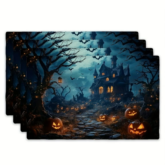 Set of 4 Rectangular Placemats - Pumpkin Lantern Haunted Castle Non-Slip Heat-Resistant Mats, Kitchen Table Mats, Coffee Mats (12 inches X 18 inches) - Home Kitchen Table Accessories