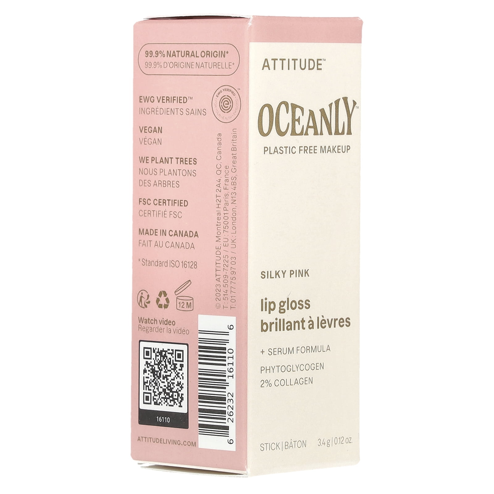 ATTITUDE Oceanly Plastic-Free Sheer Lip Gloss Stick, Titanium Dioxide-Free, EWG Verified, Vegan  and  Cruelty-free Makeup, Silly Pink, 0.12 Ounces