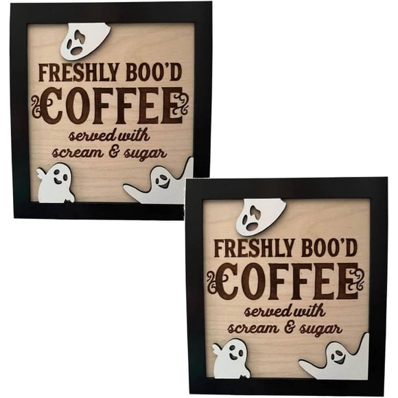 Letreros de Halloween con CAFÉ RECIÉN BOO'D, divertidas decoraciones para cafeterías de Halloween, accesorios de madera para decoración de cocinas de Halloween, lindas decoraciones de Halloween, decor