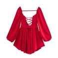 thumbnail image 5 of Zpanxa Dresses for Women, Lantern Sleeve V Neck Tie Waist Flowy Mini with Crisscross Lace Up Detail, 5 of 8