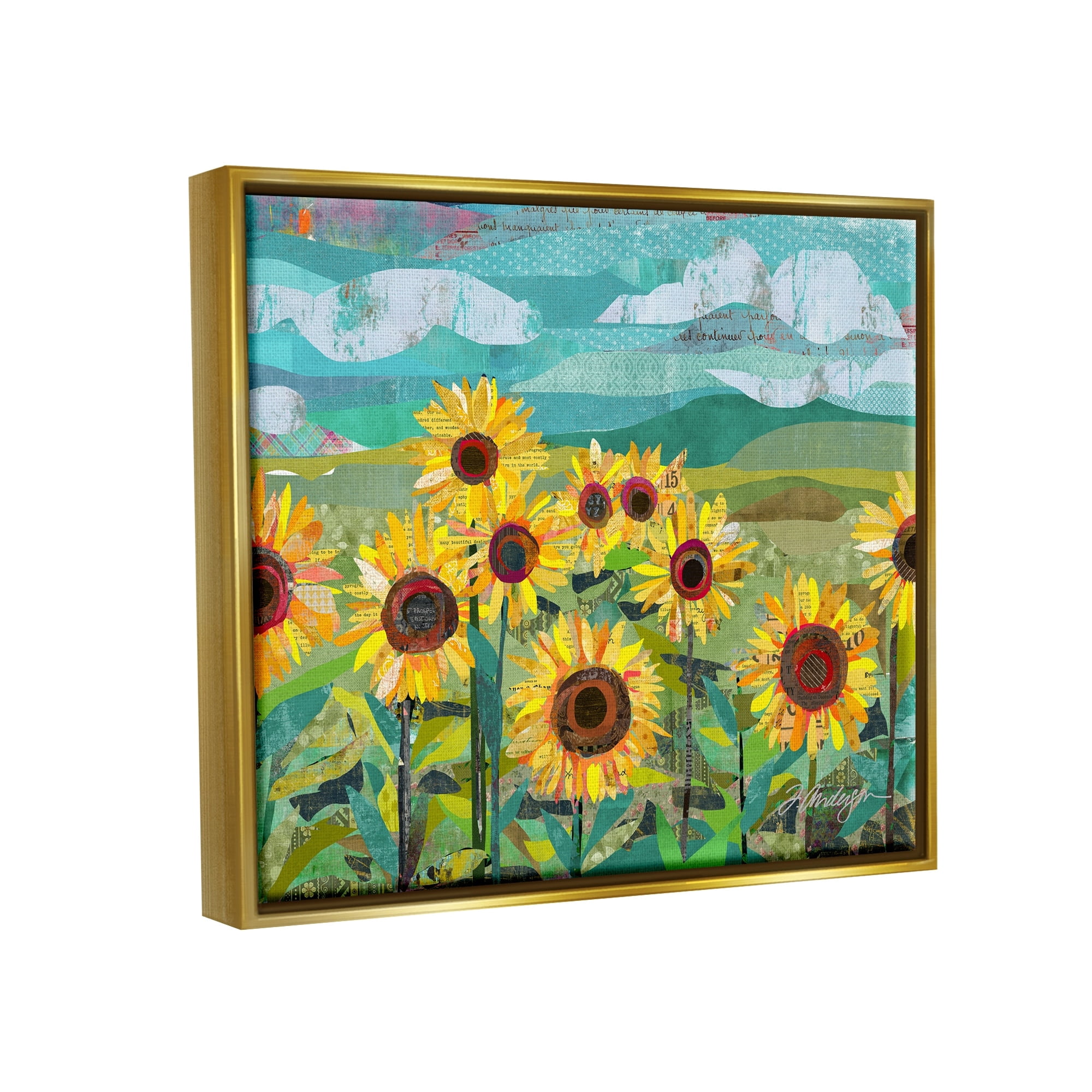 Stupell Industries Collaged Sunflower Field Abstract Layered Ephemera Meadow Graphic Art Metallic Gold Floating Framed Canvas Print Wall Art, Design by Traci Anderson